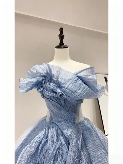 Chic Blue Off-the-Shoulder Ball Gown Party Dress Organza Asymmetrical Ruffle Layered Tulle Fairy Wedding Guest Gown SP2735