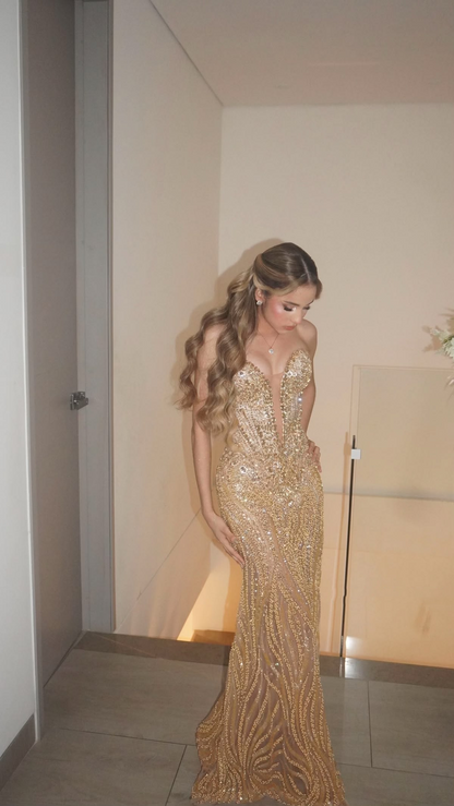 Elegant Strapless Gold Tulle Beaded Mermaid Long Party Dress Birthday Prom Dresses SP2226