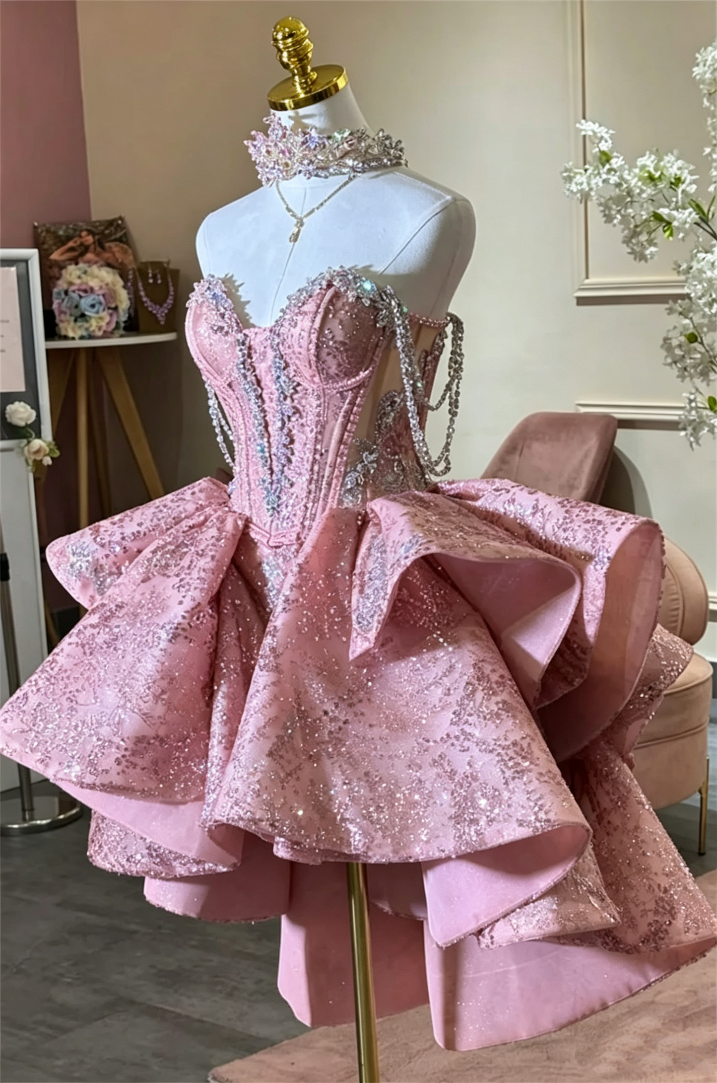 Glitter Sweetheart Neck Pink Short Homecoming Dress Rhinestone Beaded Corset Bodice Short Prom Dresses SP3203