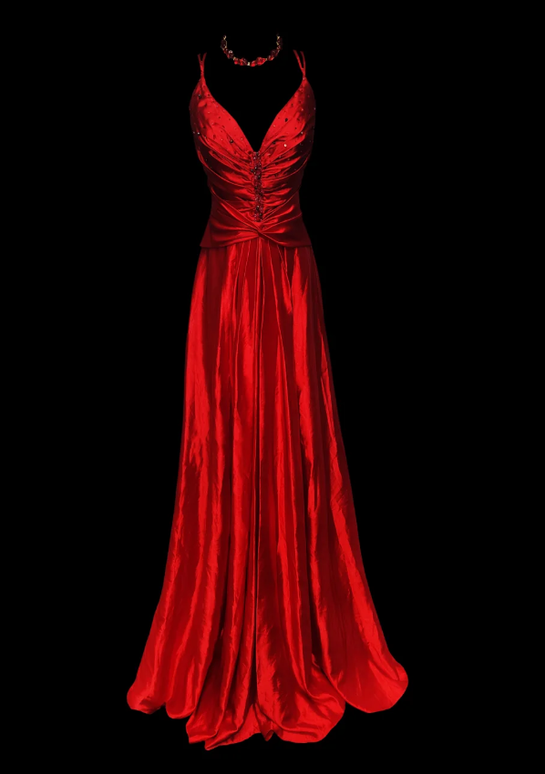 Sexy Red V Neck Satin Beaded Long Prom Dress Evening Dress SP472