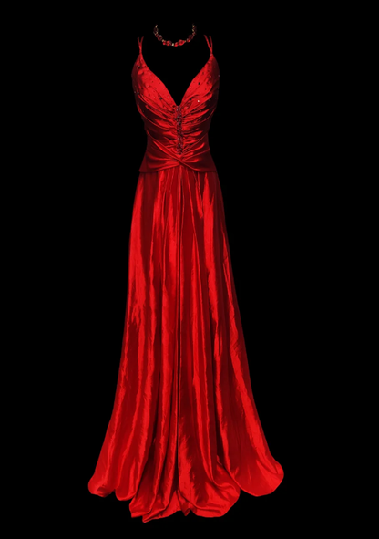 Sexy Red V Neck Satin Beaded Long Prom Dress Evening Dress SP472