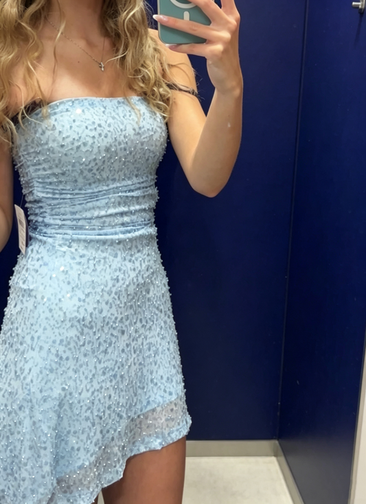 Charming Strapless Blue Sequin Beaded A Line Homecoming Dress,Short Birthday Dress SP2877