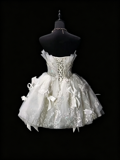 Gorgeous White Tulle Appliques Beaded A Line Short 7th Grade Homecoming Dress,Strapless Mini Birthday Outfits SP3159