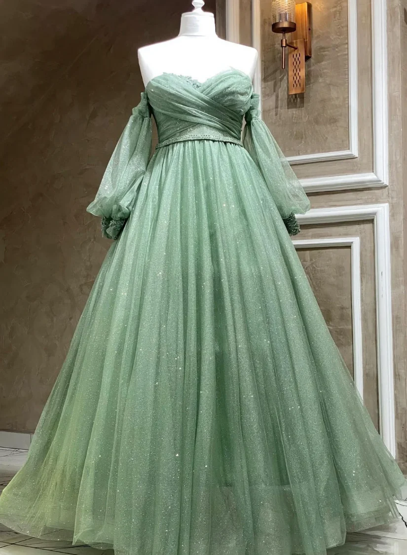 Bling Green Tulle Puffy Sleeves Formal Dresses, A Line Green Long Evening Gown Y7981