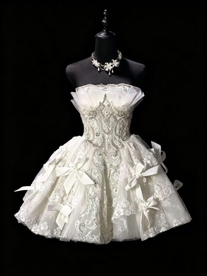 Gorgeous White Tulle Appliques Beaded A Line Short 7th Grade Homecoming Dress,Strapless Mini Birthday Outfits SP3159