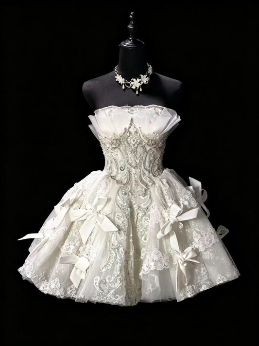 Gorgeous White Tulle Appliques Beaded A Line Short 7th Grade Homecoming Dress,Strapless Mini Birthday Outfits SP3159