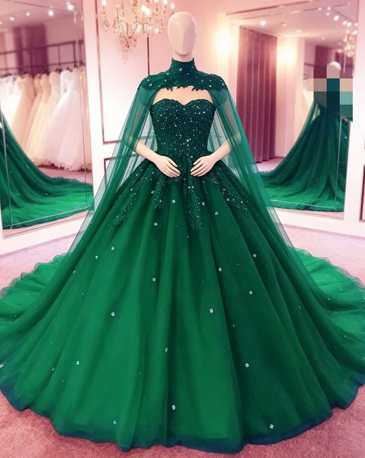Green Sweetheart Ball Gown Prom Dress With Cape S13179