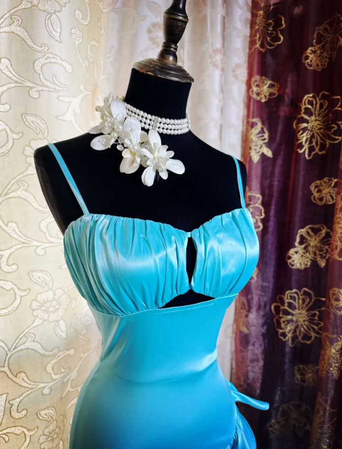 Sexy Spaghetti Straps Blue Satin Ruffles Slit Long Party Dress Formal Wedding Guest Dress SP1944