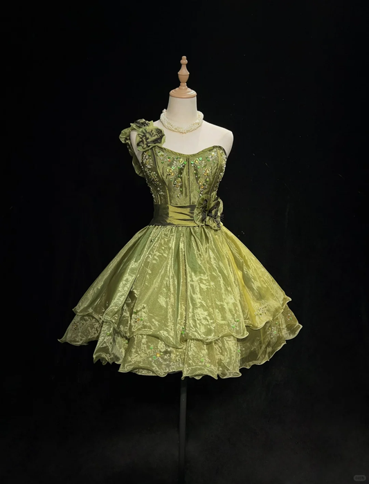Pretty One Shoulder Sage Green Tulle Beaded A Line Short Graduation Homecoming Dress SP2905