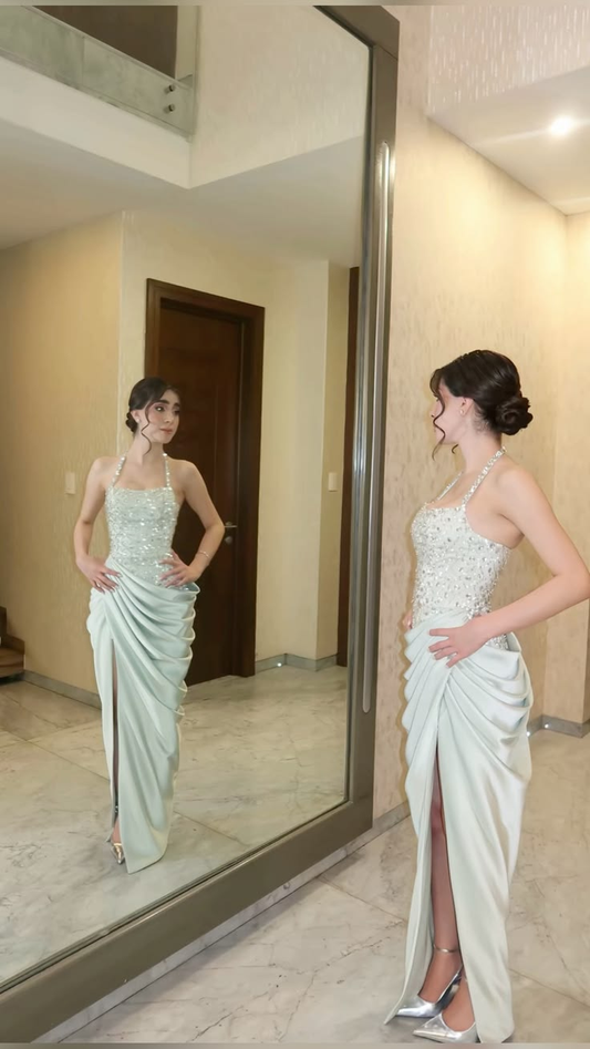 Stylish Halter Pale Sage Green Satin Pleated Beaded Slit Long Party Dress Prom Gown SP2677