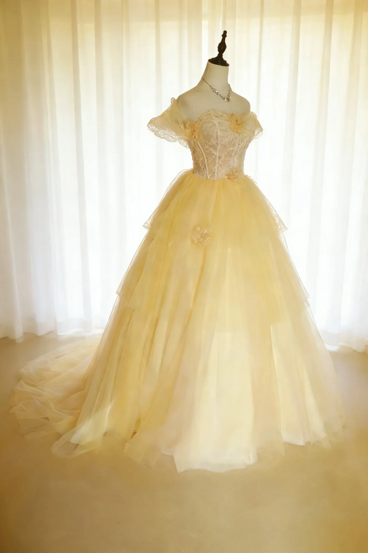Fairy Off The Shoulder Yellow Tulle Lace Appliques Long Birthday Party Dress Prom Gowns SP2034