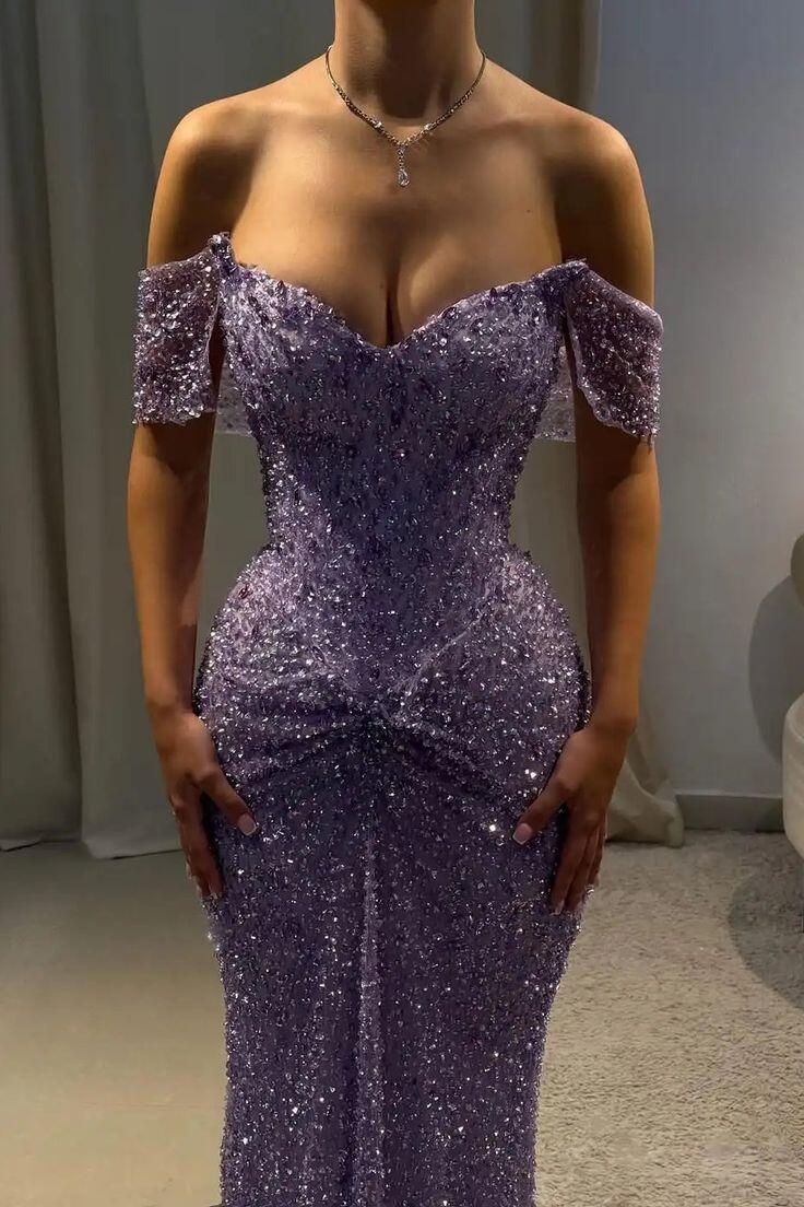Shiny Purple Tulle Beaded Mermaid Long Party Dress,Off The Shoulder Long Wedding Guest Dress SP3407