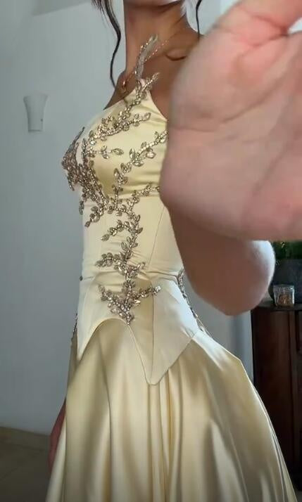 Elegant Yellow Satin Beaded A Line Long Party Dress Prom Gown SP4161