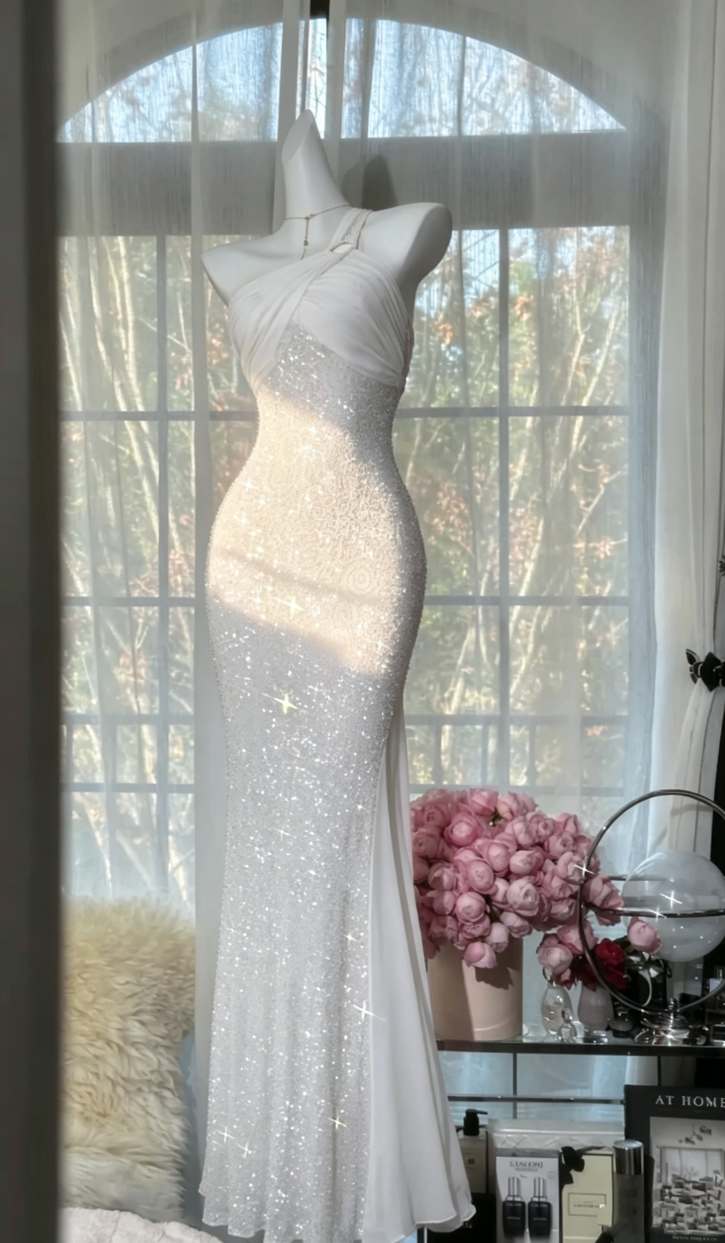 Sparkly One Shoulder Sequin Chiffon Mermaid Evening Dress Hot Pink Long Birthday Dress SP1668