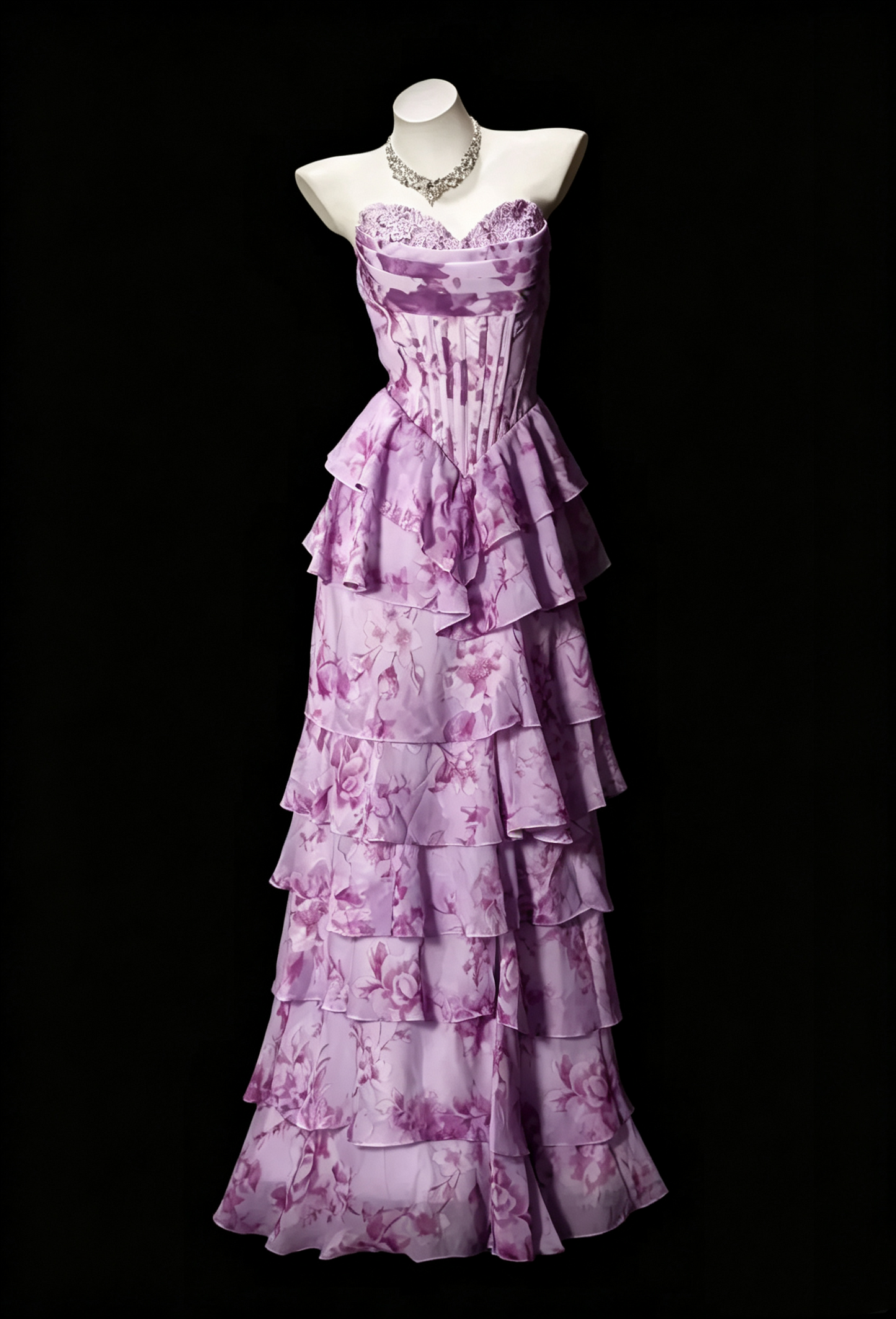 Elegant Purple Chiffon Print Floral Layered Long Party Dress Prom Dress SP3162