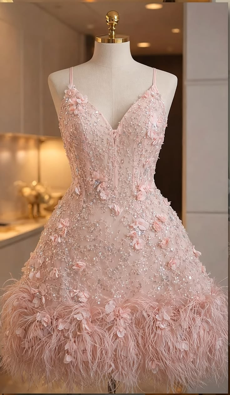 Gorgeous Spaghetti Straps Pink Satin Sequin Floral Short Homecoming Dress Mini Birthday Dress With Feathers SP3646