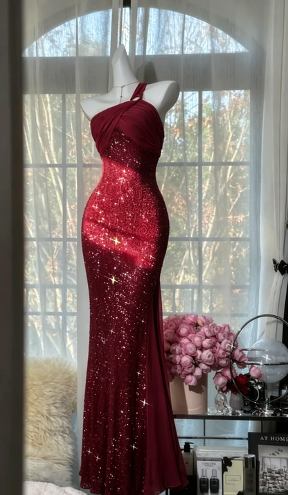 Sparkly One Shoulder Sequin Chiffon Mermaid Evening Dress Hot Pink Long Birthday Dress SP1668