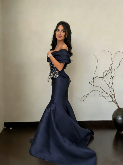 Elegant Navy Blue Off The Shoulder Satin Mermaid Long Party Dress Formal Birthday Prom Dress SP1526