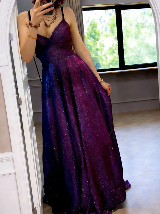 Glitter Spaghetti Straps Purple V Neck Satin Sequin Evening Dress Long Wedding Guest Dress SP1738