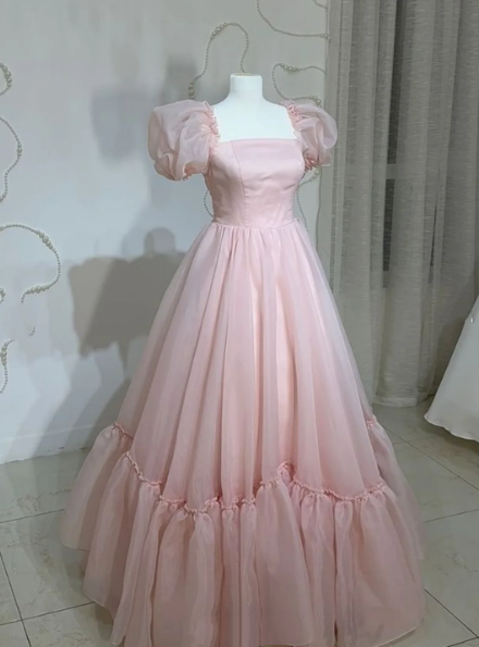 Elegant Pink Square Tulle A Line Long Prom Dress Birthday Party Gown SP29