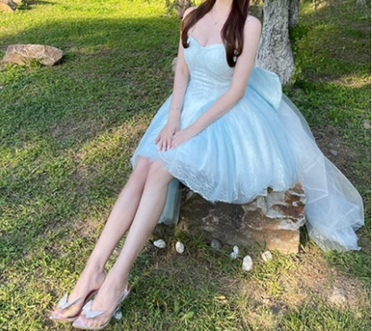 Fairy Blue Tulle Lace A Line Short 16th Birthday Outfits,Sweetheart Neck Mini Homecoming Dress With Bow SP3481
