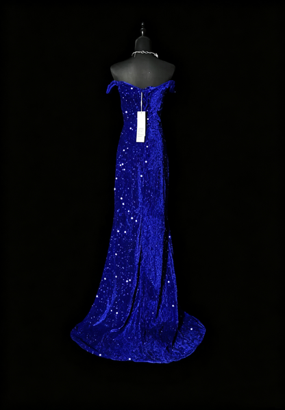 Sparkly Royal Blue Sequin Mermaid Party Dress,Off The Shoulder Long Wedding Guest Dress SP3161