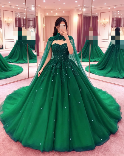 Green Sweetheart Ball Gown Prom Dress With Cape S13179