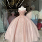 Pink Off Shoulder Lace Appliques Ball Gown Sweet 16 Dress  Y2735