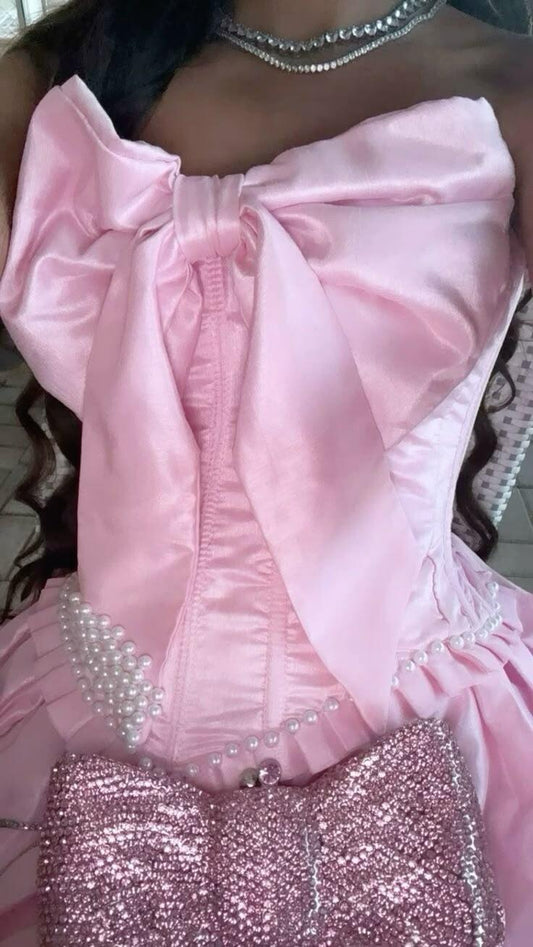 Glamorous Bow Strapless Satin Pearls A Line Short Graduation Homecoming Dress,Pink Short Birthday Dress SP3292