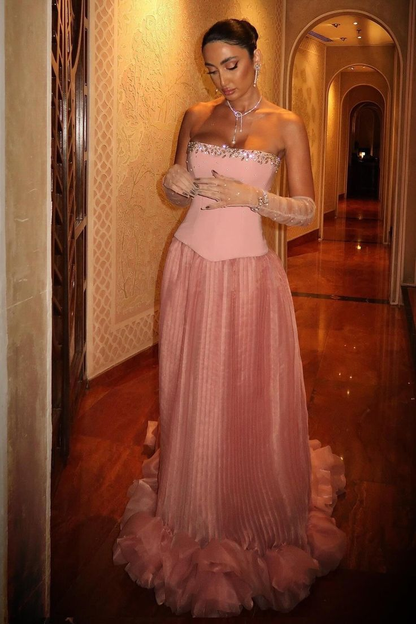 Gorgeous Pink Strapless Pleated Beaded Evening Dress Formal Prom Dress Y8741