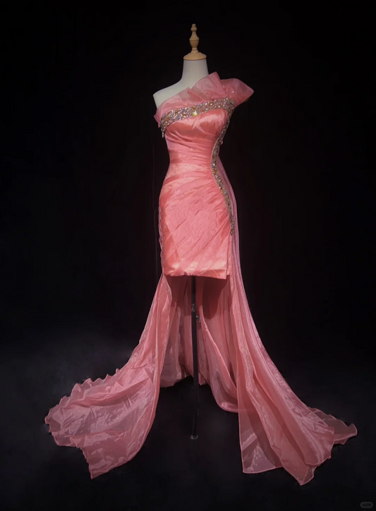 Pretty Peach Pink Satin Tulle Beaded Sheath Graduation Homecoming Dress,Formal 17th Birthday Outfits SP2896