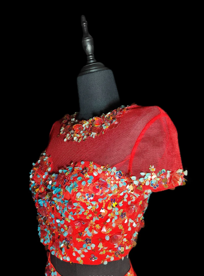 Pretty Red Tulle Sequin Beaded Mermaid Evening Dress Long Prom Gown Two Piece SP433