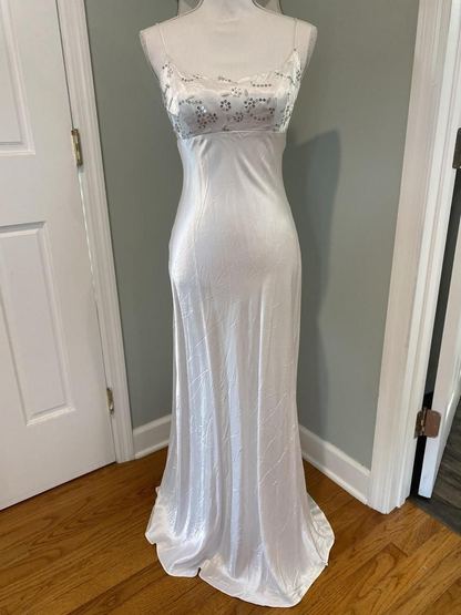 Elegant White Spaghetti Straps Satin Sequin Mermaid Long Wedding Guest Dress Party Dress SP995