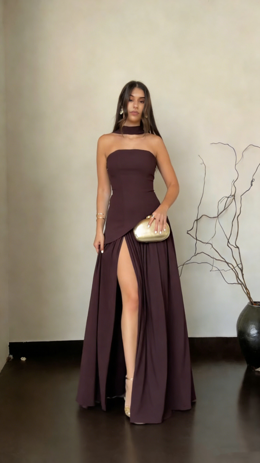 Fashion Brown Strapless Satin Slit Mermaid Long Wedding Guest Dress Formal Party Dress Prom Gown SP1556