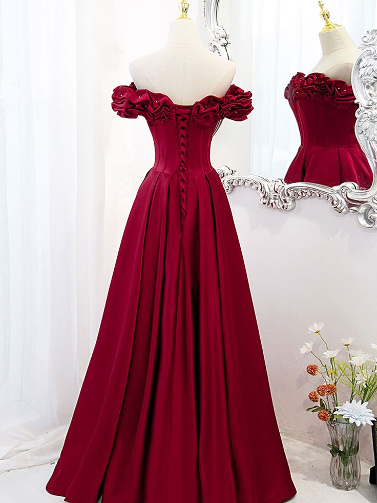 A-Line Off Shoulder Satin Long Prom Dress,Satin Evening Dress Y6340