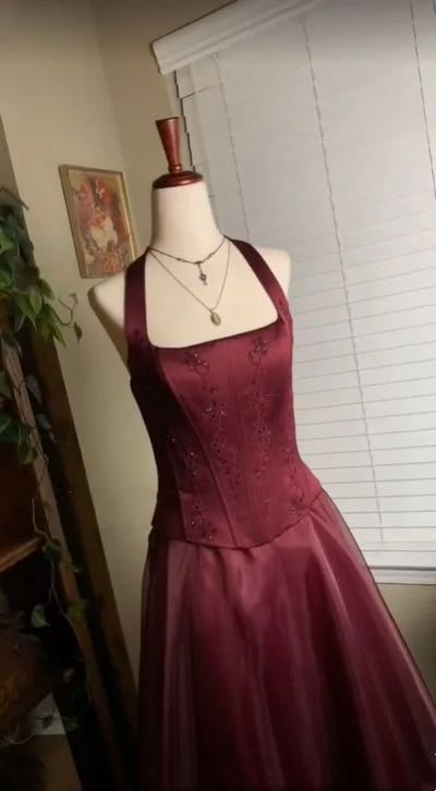 Vintage Burgundy Satin Beaded A Line Long Party Dress Prom Dresses SP2113