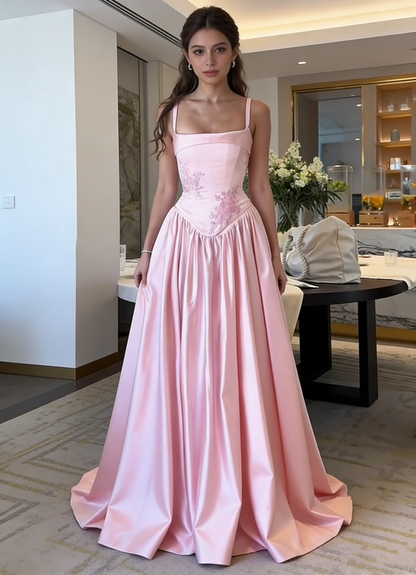 Pink Elegant A-Line Spaghetti Strap Satin Long Evening Dress Prom Dress Y7820