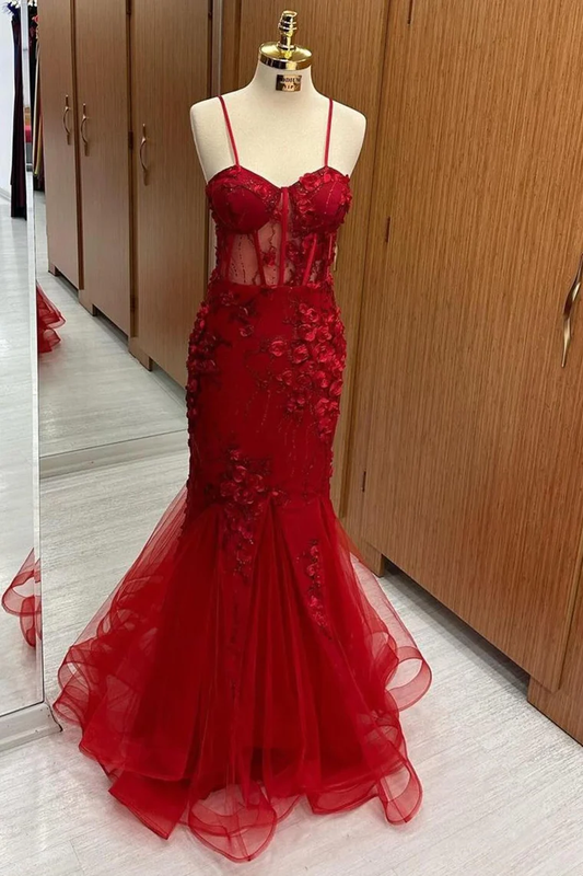Red 3D Floral Lace Sweetheart Trumpet Long Prom Dress Y5957