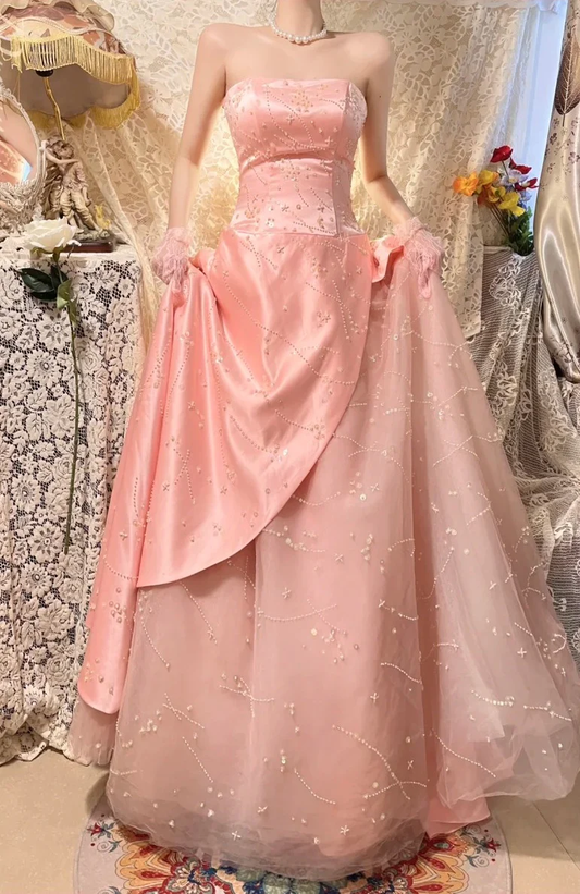 Elegant Pink Strapless Satin Tulle Beaded Long Party Dress Prom Dresses SP407