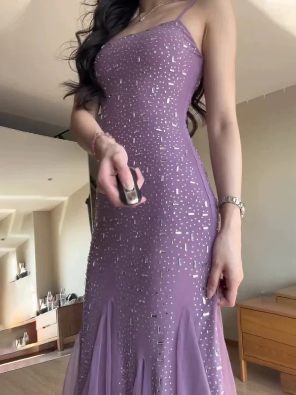 Sexy Mermaid Spaghetti Straps Purple Chiffon Beaded Evening Dress Prom Dress  Y7812