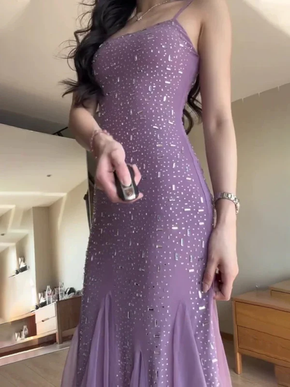 Sexy Mermaid Spaghetti Straps Purple Chiffon Beaded Evening Dress Prom Dress  Y7812