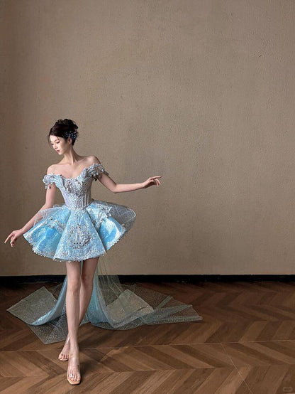 Glitter Off The Shoulder Blue Sequin Tulle Beaded A Line Short Homecoming Dress Birthday Outfits With Bow SP3146