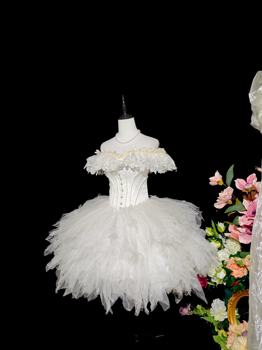 Elegant Off The Shoulder Lace Tulle Pearls Beaded Short Birthday Dress,White Mini Homecoming Dress SP2715
