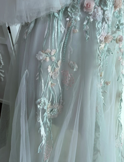 Elegant Off The Shoulder Tulle Appliques Beaded Mermaid Party Dress, Light Green Long Wedding Guest Dress SP1455
