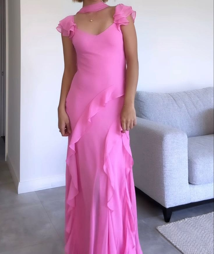 Beautiful Pink V-Neck Chiffon Ruffle Mermaid Long Prom Dress Party Gown With Ribbon SP4010