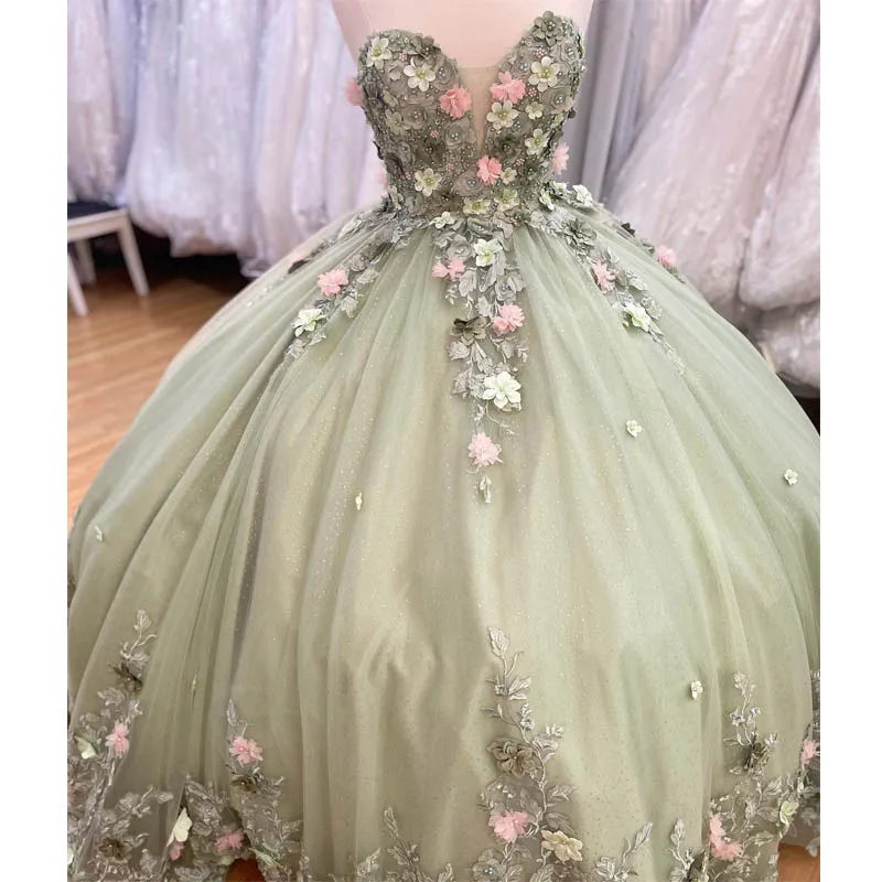 Mint Green Quinceanera Dresses Ball Gown Lace Ball Gown Sweet 16 Dress With Flowers Y2062