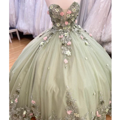Mint Green Quinceanera Dresses Ball Gown Lace Ball Gown Sweet 16 Dress With Flowers Y2062