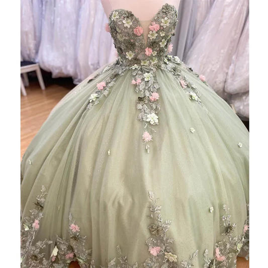 Mint Green Quinceanera Dresses Ball Gown Lace Ball Gown Sweet 16 Dress With Flowers Y2062