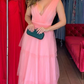 A Line V Neck Layered Pink Prom Dresses Long, V Neck Pink Formal Evening Dresses Y5008
