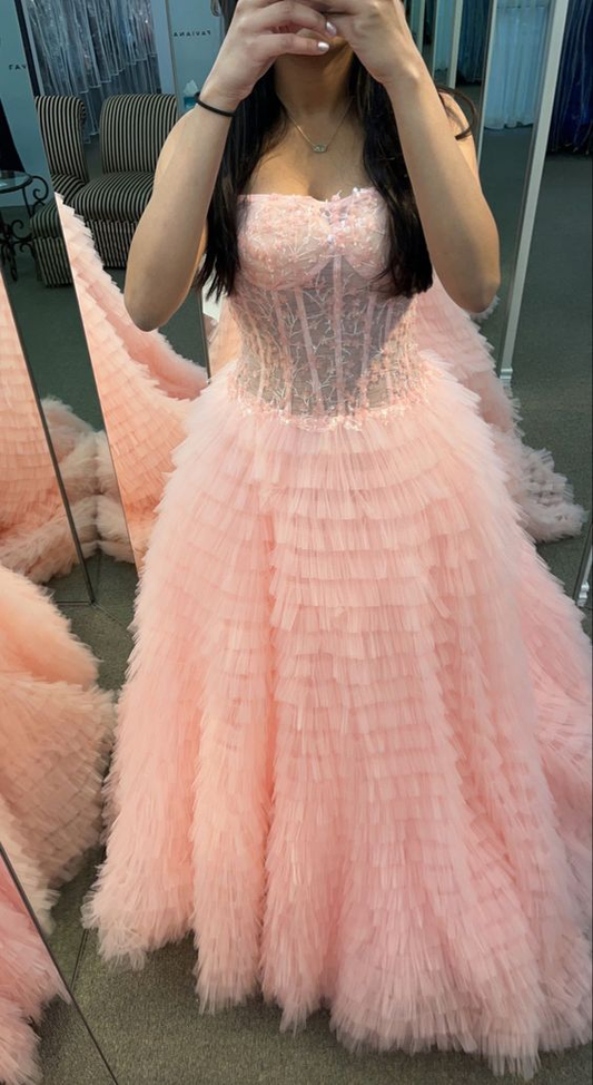 Pink Strapless Ball Gown Prom Dress with Sheer Lace Corset Bodice and Ruffle Skirt Y6688